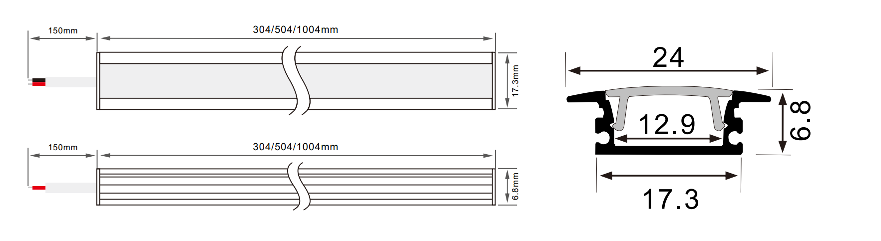 Dimension of 2407 LED Rigid Strip Light with Housing