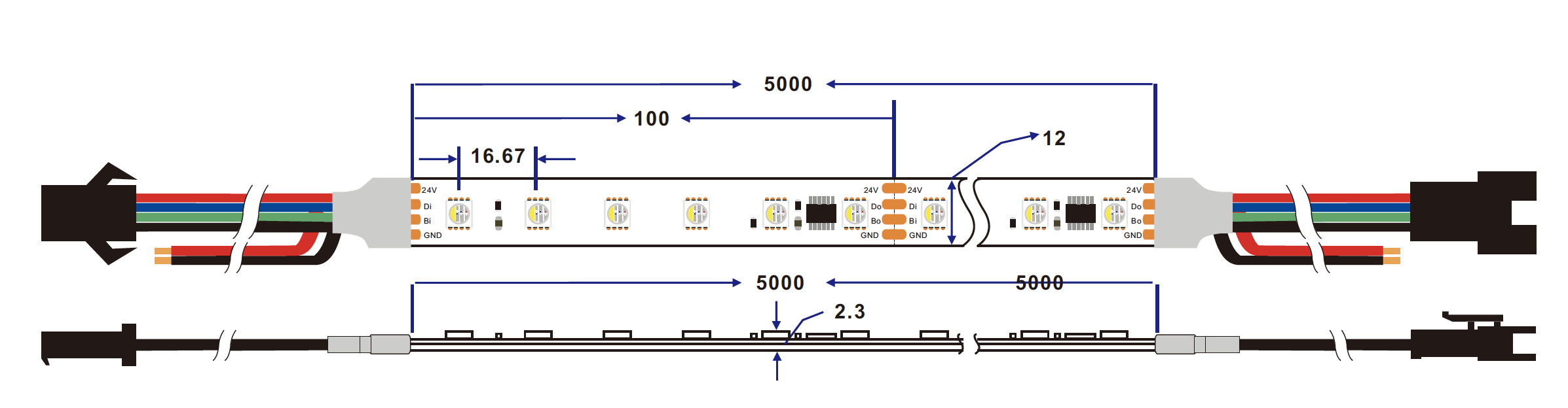 breakpoint continue addressable rgbw WS2814 led strip light dimension