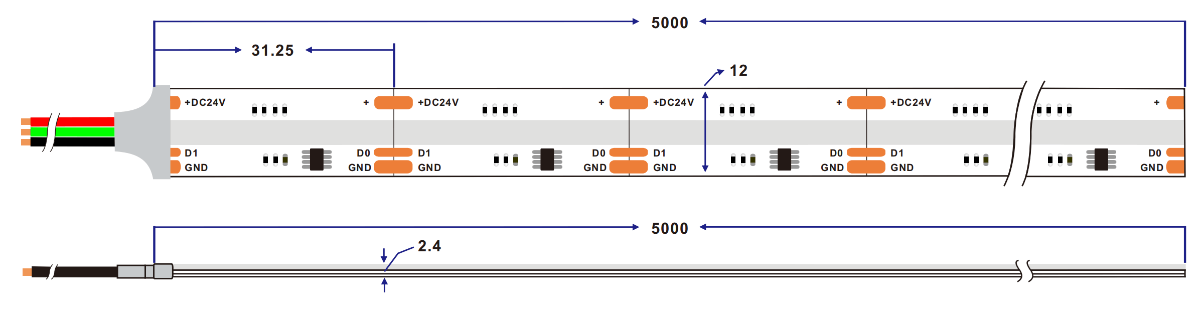 Dimensión de la tira de LED RGBW COB de 12 mm y 896 LED/M píxeles