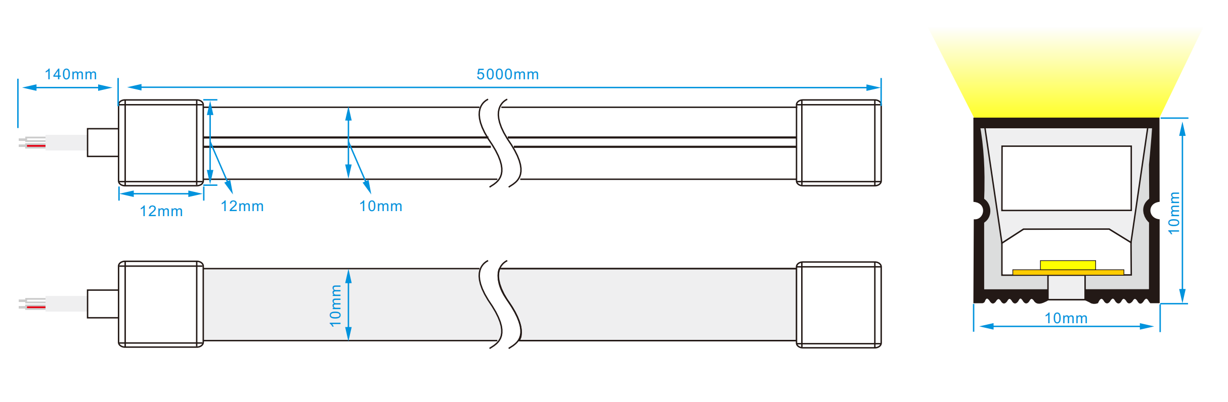 dimension of black top bend 1010 led neon light