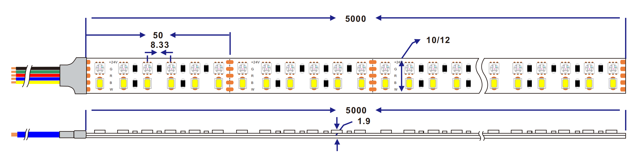 Dimension of 3838 2835 rgbw 240LED/M led strip