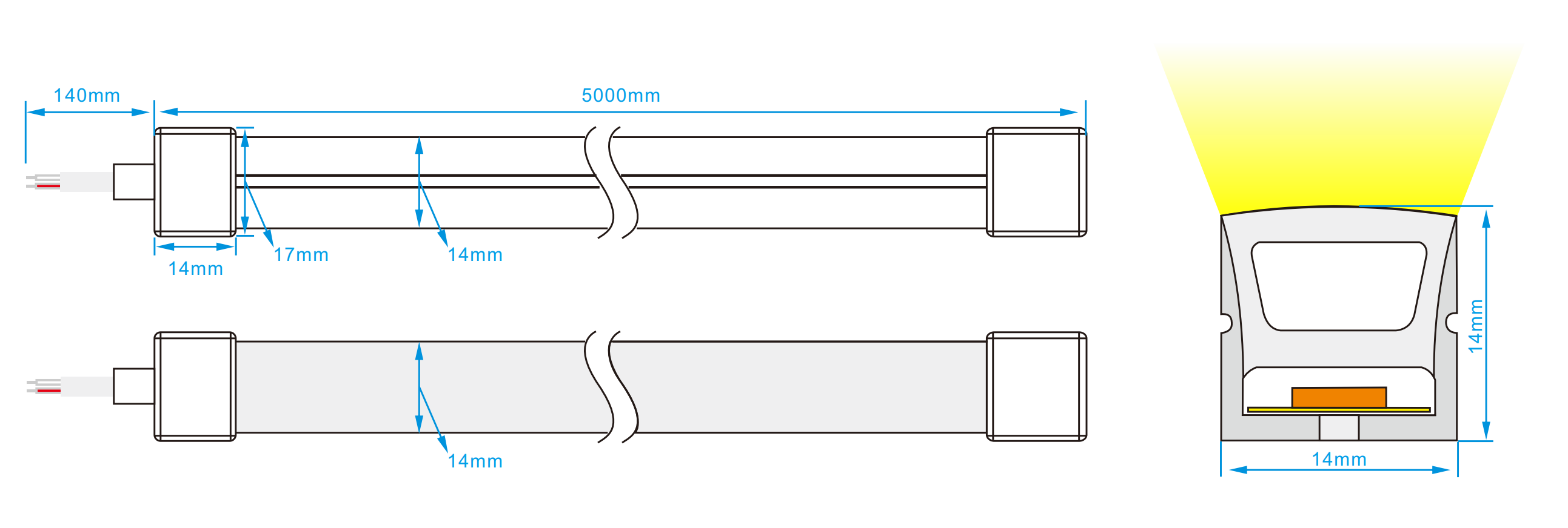 Dimension of top bend 1414 led neon light