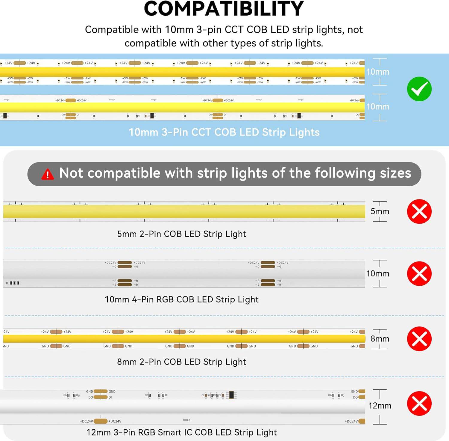 Compatible of 3pin 10mm CCT Adjustable COB LED Strip Connector