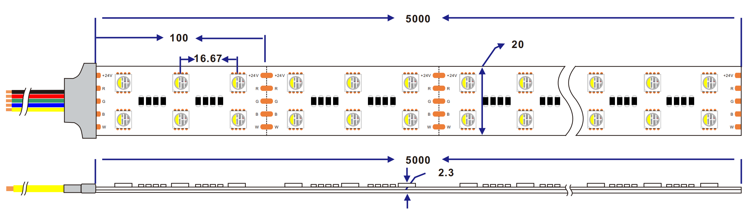 Dimensión de vTira de led 5050 rgbw 4in1 120LED/M