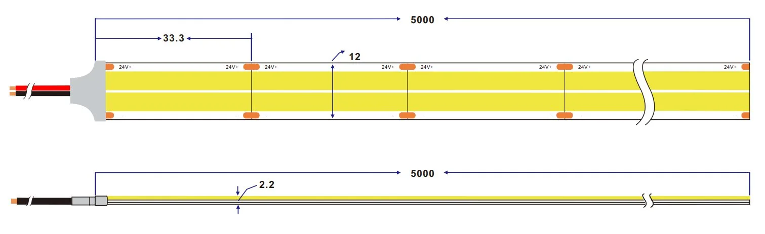 dimension of 12mm 960Chips/M White COB led strip