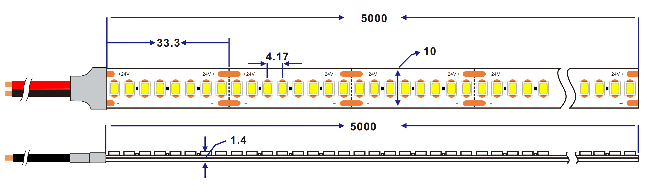 Dimension of 160lm/W 240led/m cv 2835 led strip