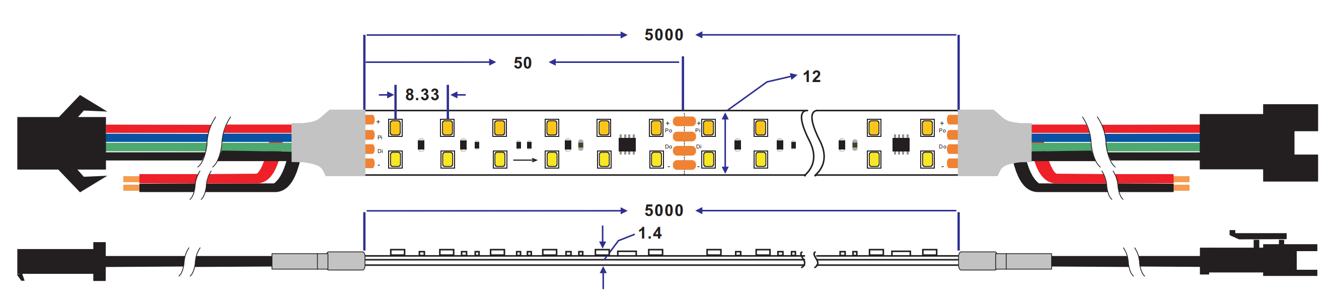 dimension of ucs512b3 dual white dmx512 led strip