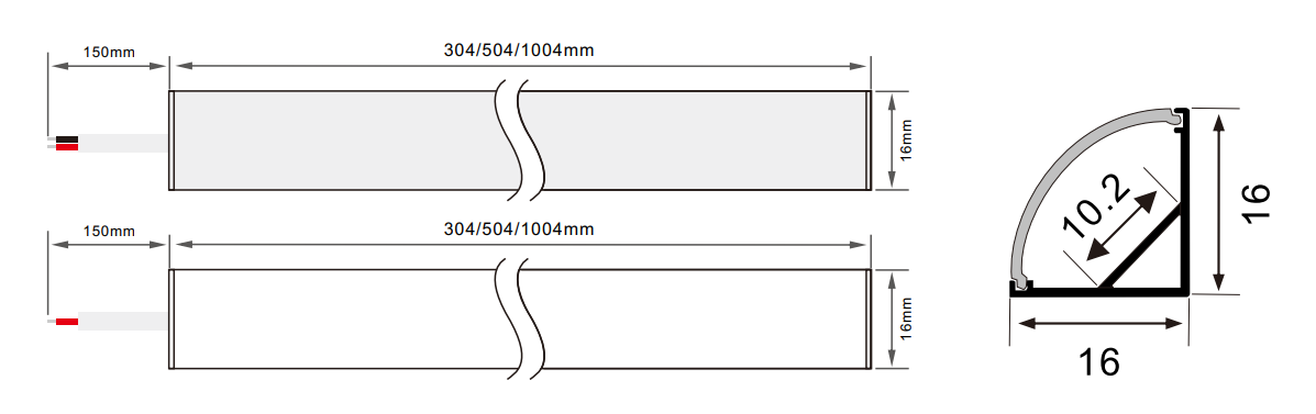 Dimension of 1616 LED Rigid Strip Light with Housing