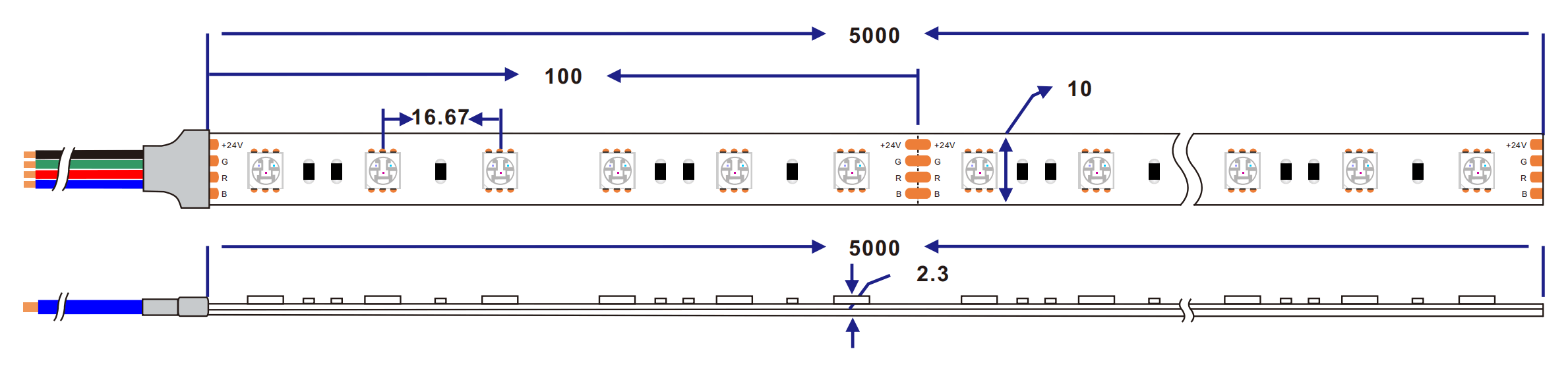 Dimensión de la tira de led 5050 rgb 60LED/M