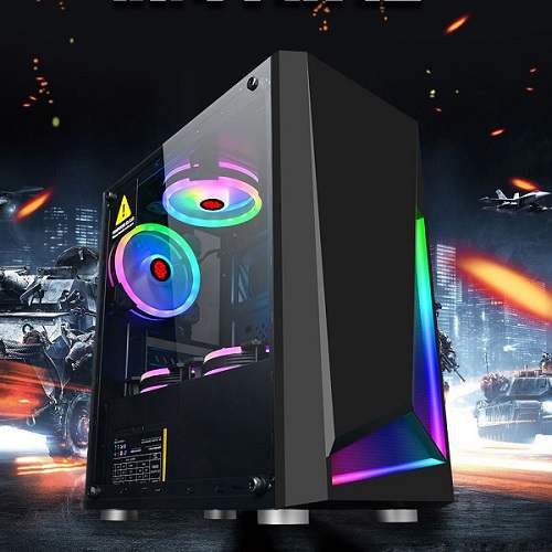 Gaming PC case with multicolor illuminated fans and front-panel accent lighting