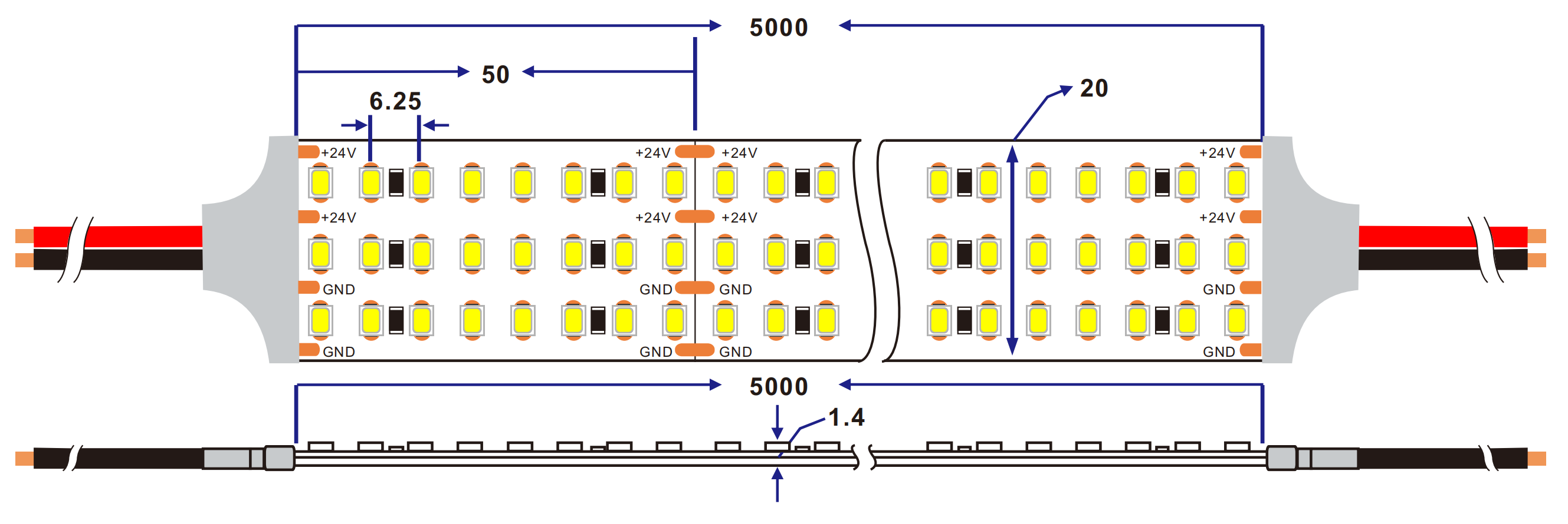 dimension of 8100lm/m 180lm/W 480led/m cv 2835 led strip