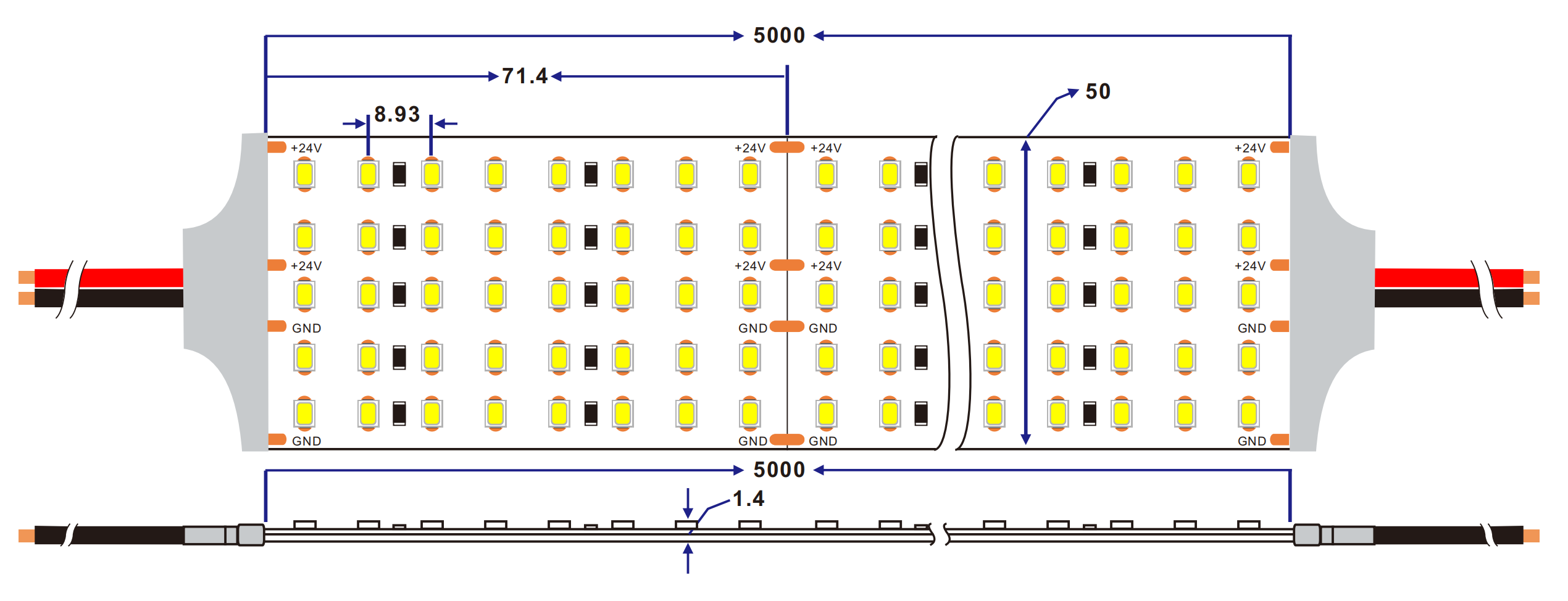 Dimension of 10725lm/m 195lm/W 560led/m cv 2835 led strip
