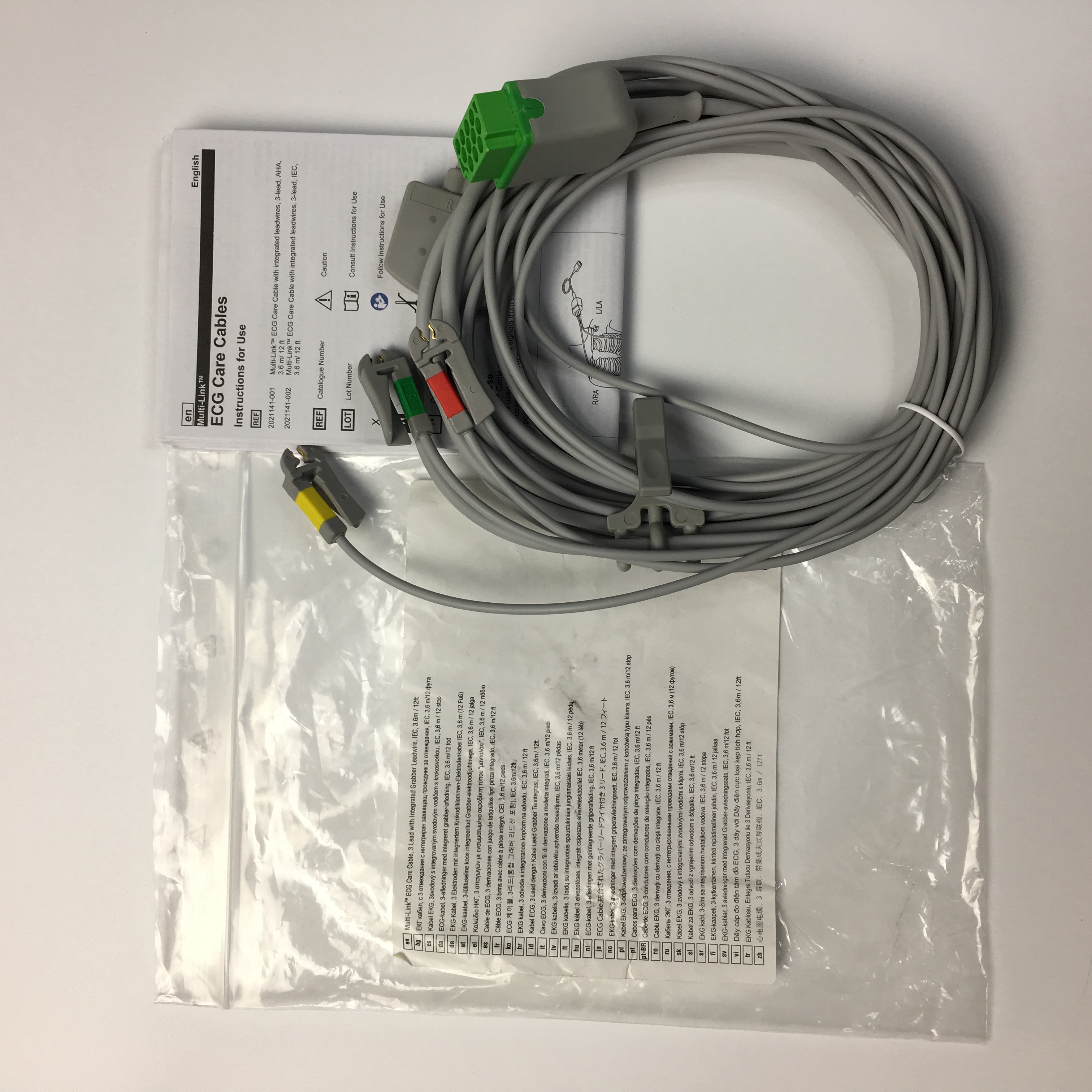 GE Original New Multi-Link ECG Care Cable ,3 Lead with Integrated Grabber Leadwire IEC,3.6M 12ft REF 2021141-002