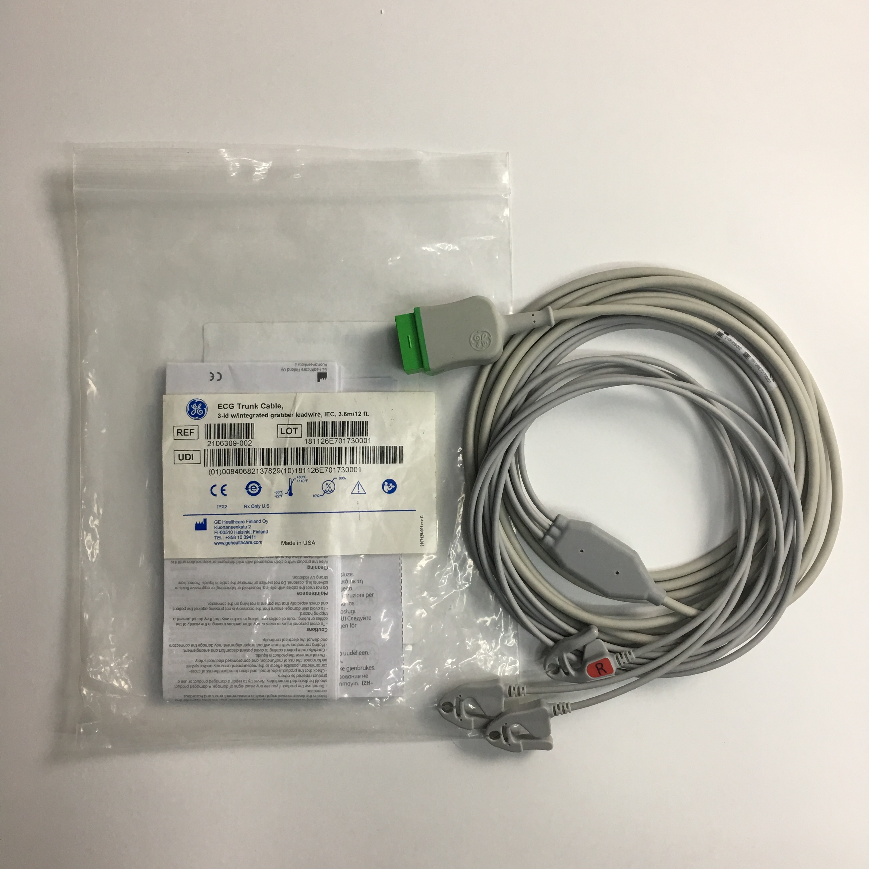 สายเคเบิล GE ECG Trunk ‚ ลวด 3-ld wire ในตัวแบบ grabber ‚ IEC‚ 3.6m 12ft REF 2106309-002