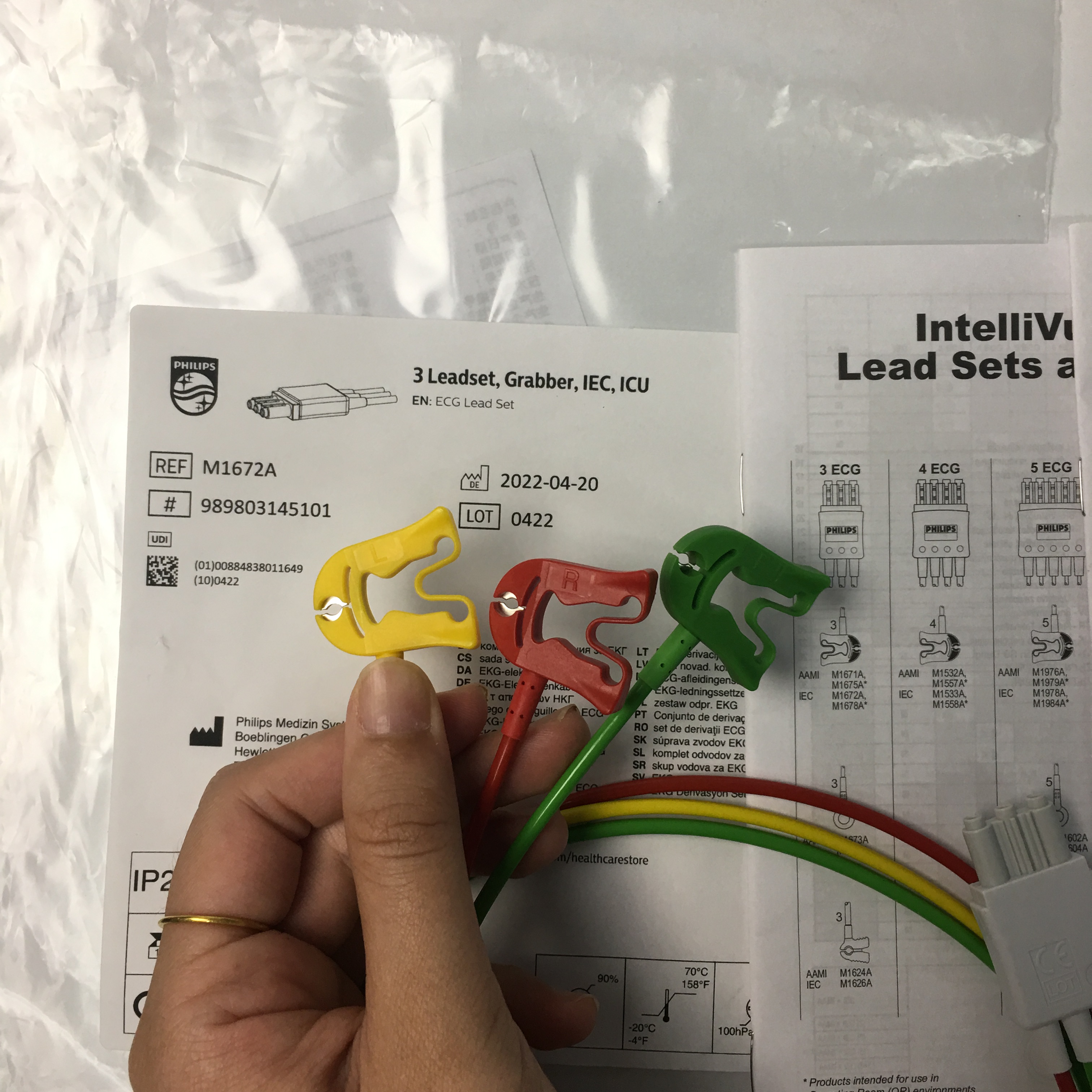 Philips ECG Lead Set 3 Leadset Grabber IEC ICU 1M M1672A 989803145101