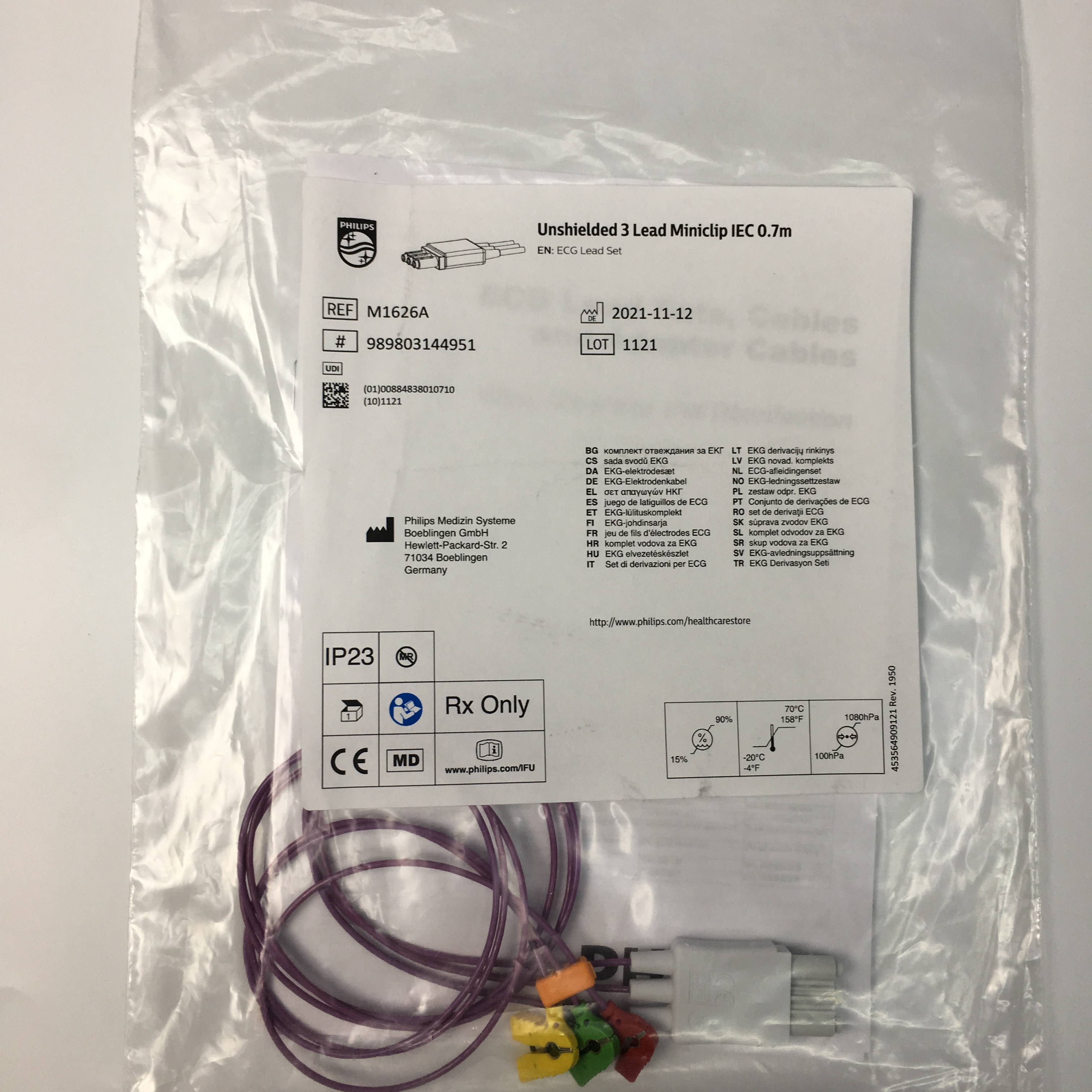 Philips Neonatal ECG Lead Set Unshielded 3 Lead Miniclip IEC 0.7M M1626A 989803144951