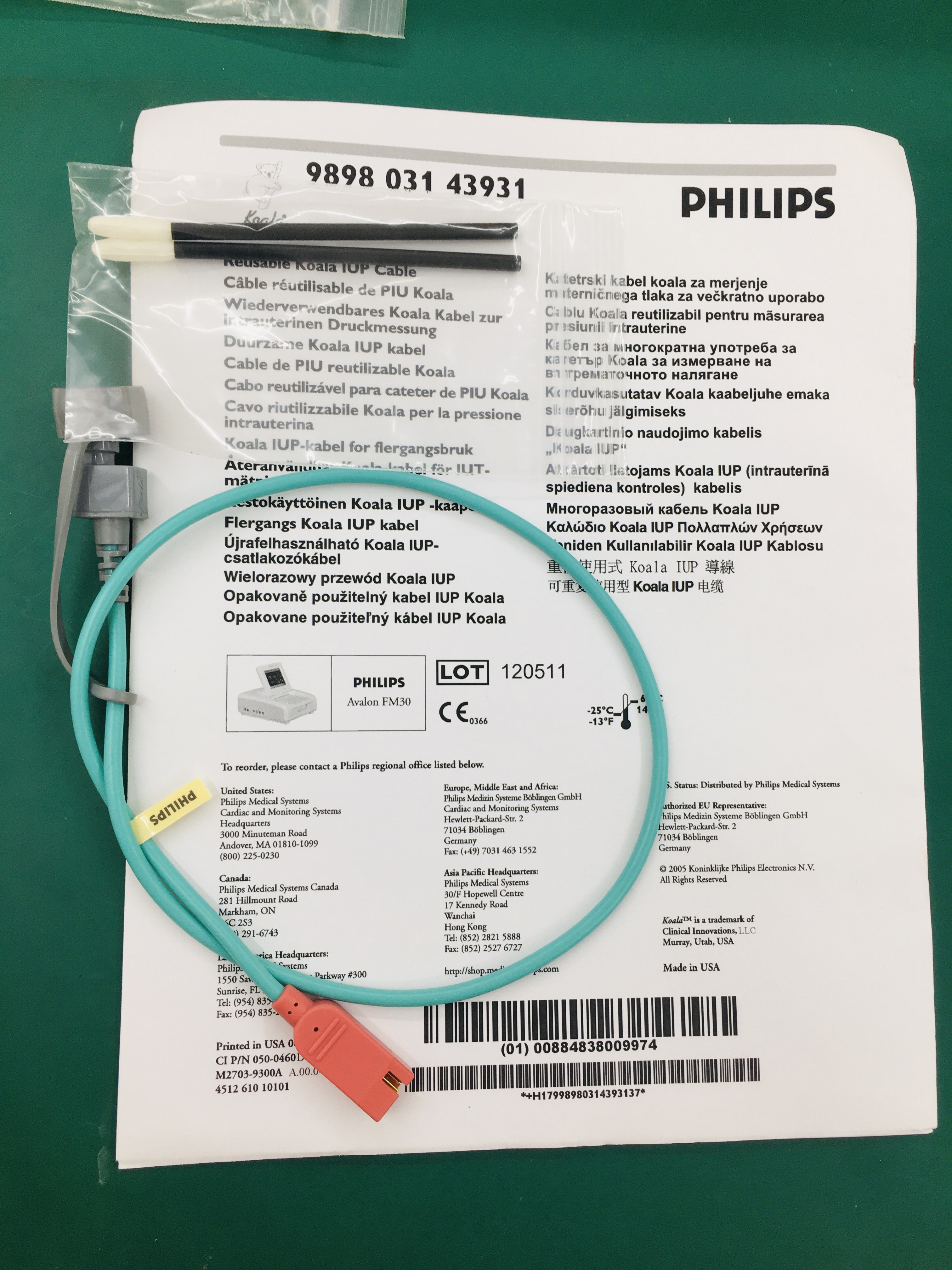 Kabel penyambung IUP Koala Boleh Digunakan Semula Philips untuk digunakan dengan monitor Avalon Fetal REF 98980314393 M1334A