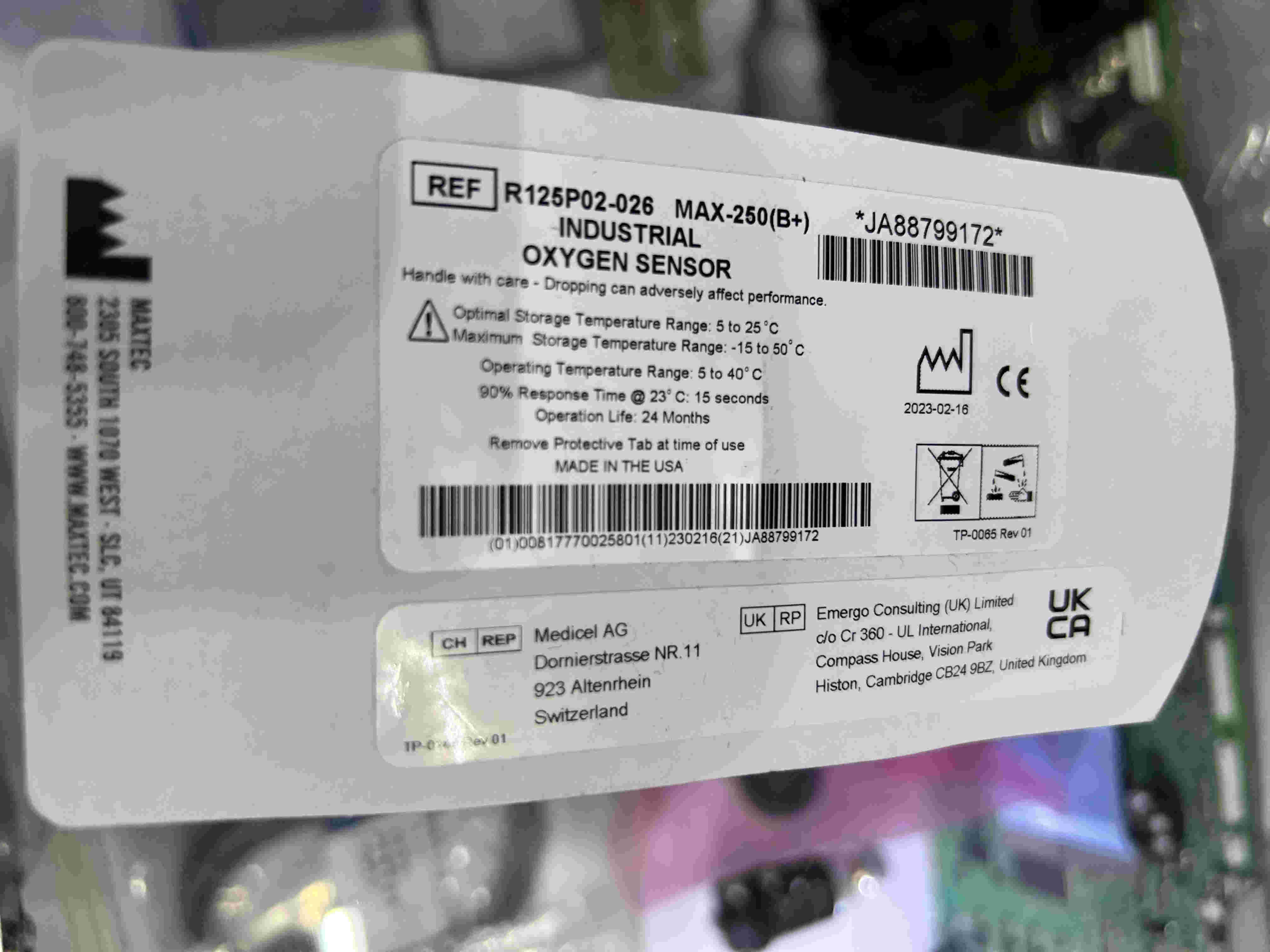 Maxtec Max-250 (B＋）อ๊อกซิเจนเซนเซอร์ REF R125P02-026