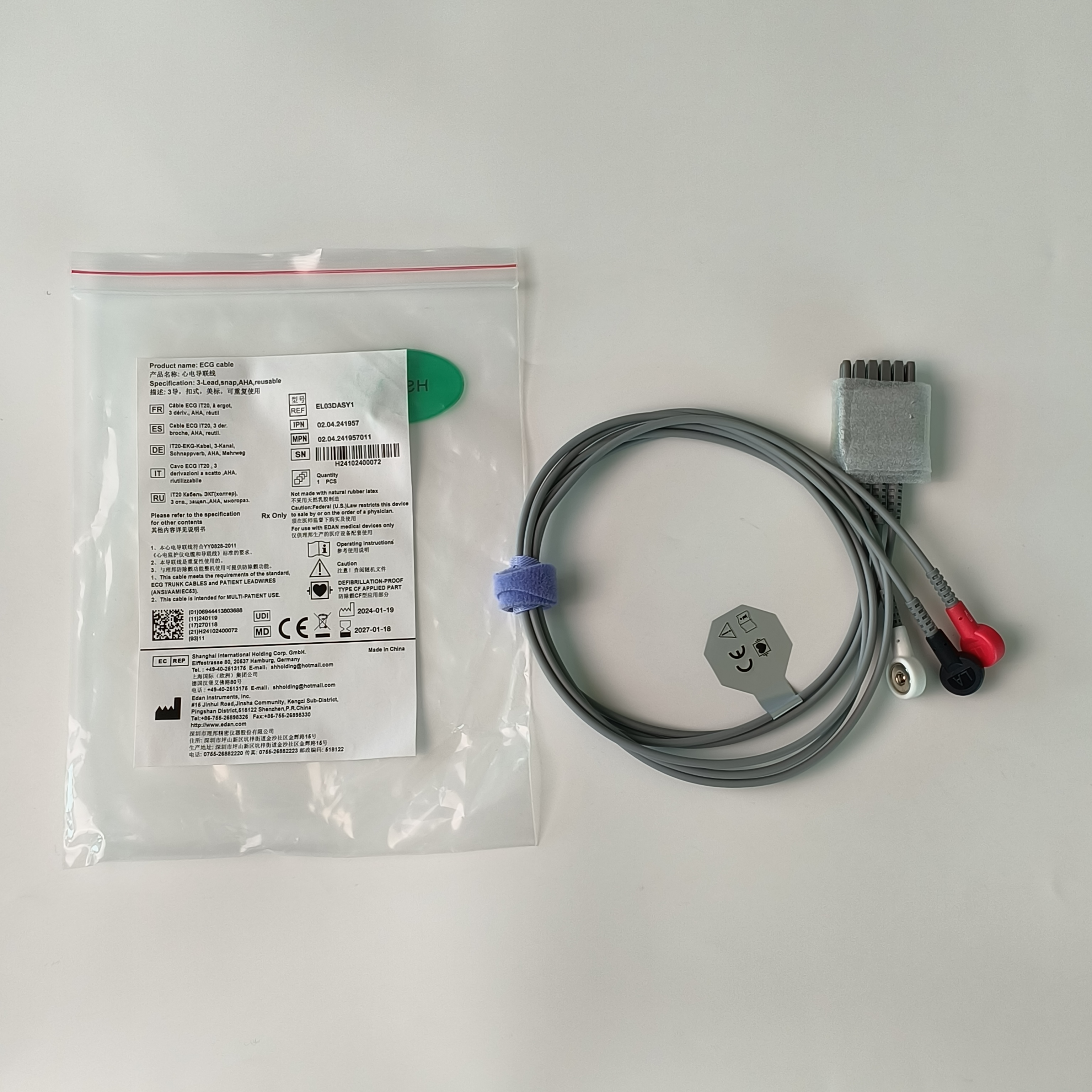 Edan Kabel ECG 3 Plumbum Boleh Digunakan Semula, Snap, AHA EL03DASY1