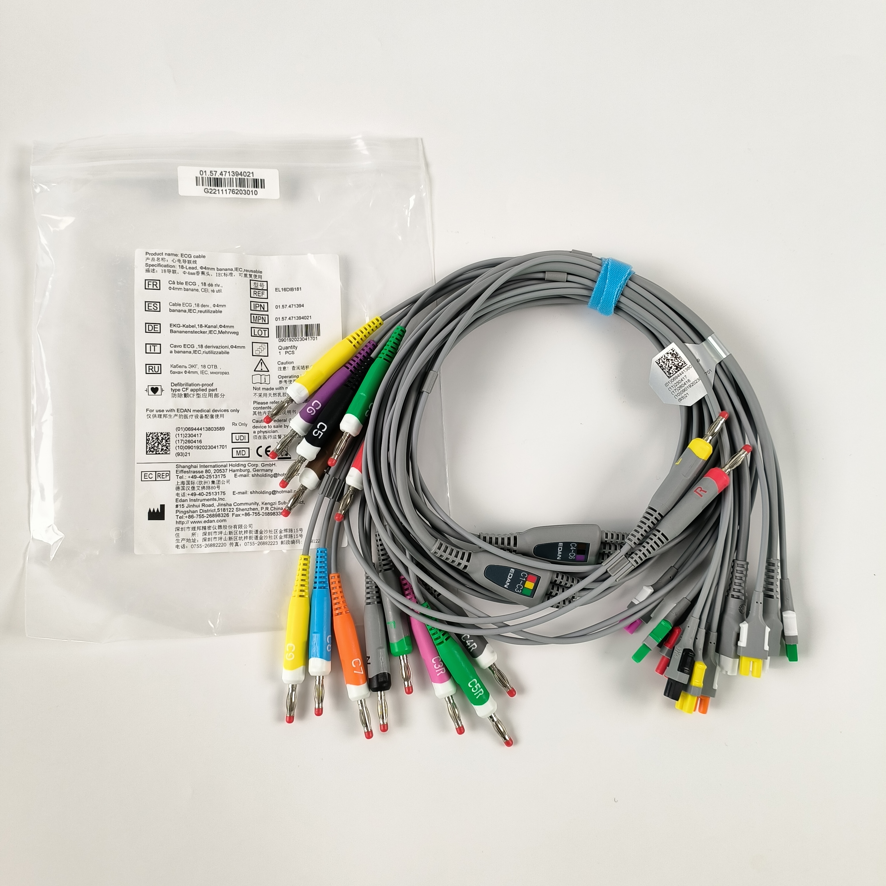 Edan Reusable 18-Lead ECG Cable, 4mm banana, IEC, EL16DIB181