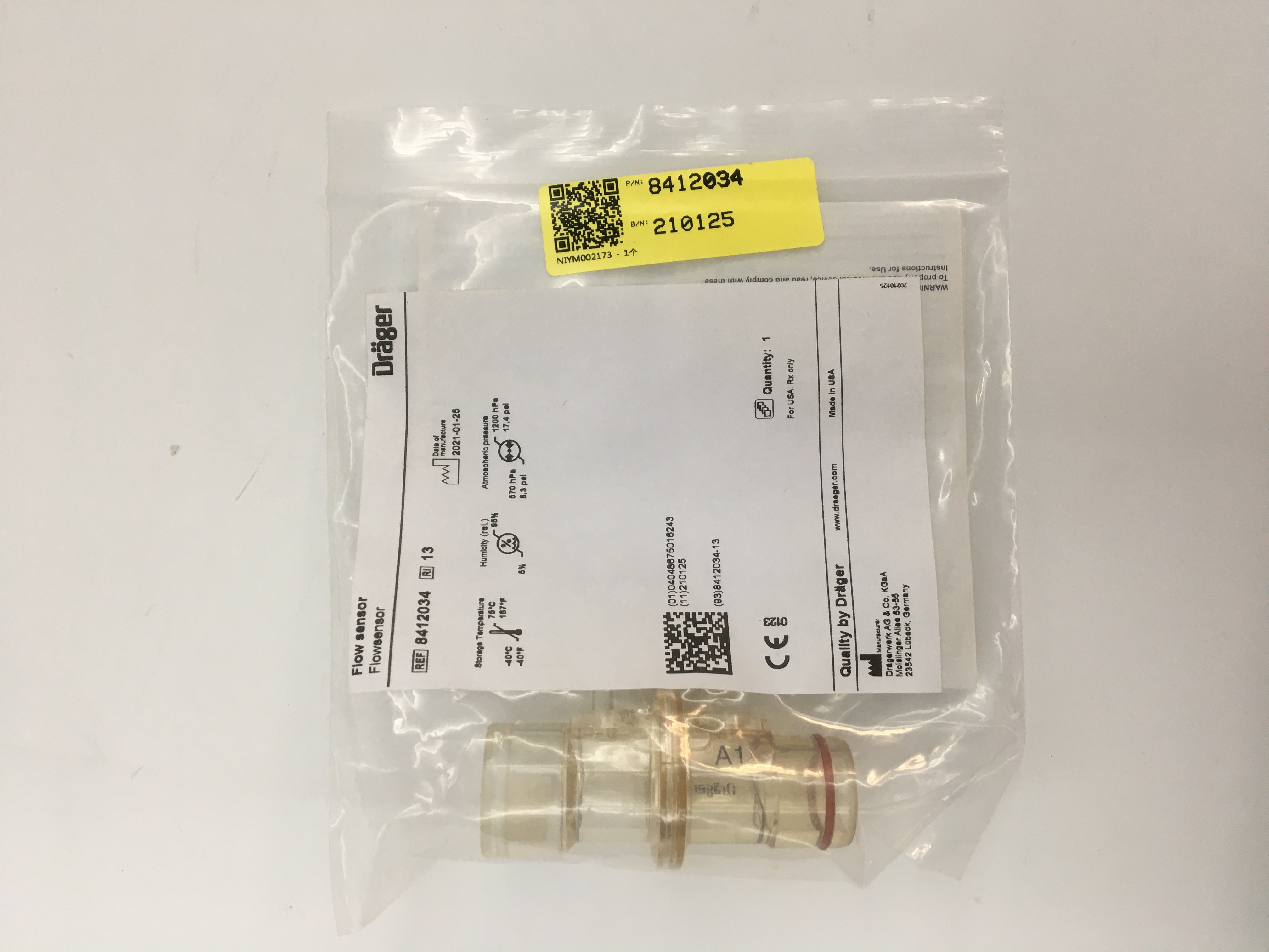 Drager  Pressure difference Flow Sensor 8412034 Original New For use with Oxylog 2000 Oxylog 3000 Oxylog 2000 plus Oxylog 3000 plus