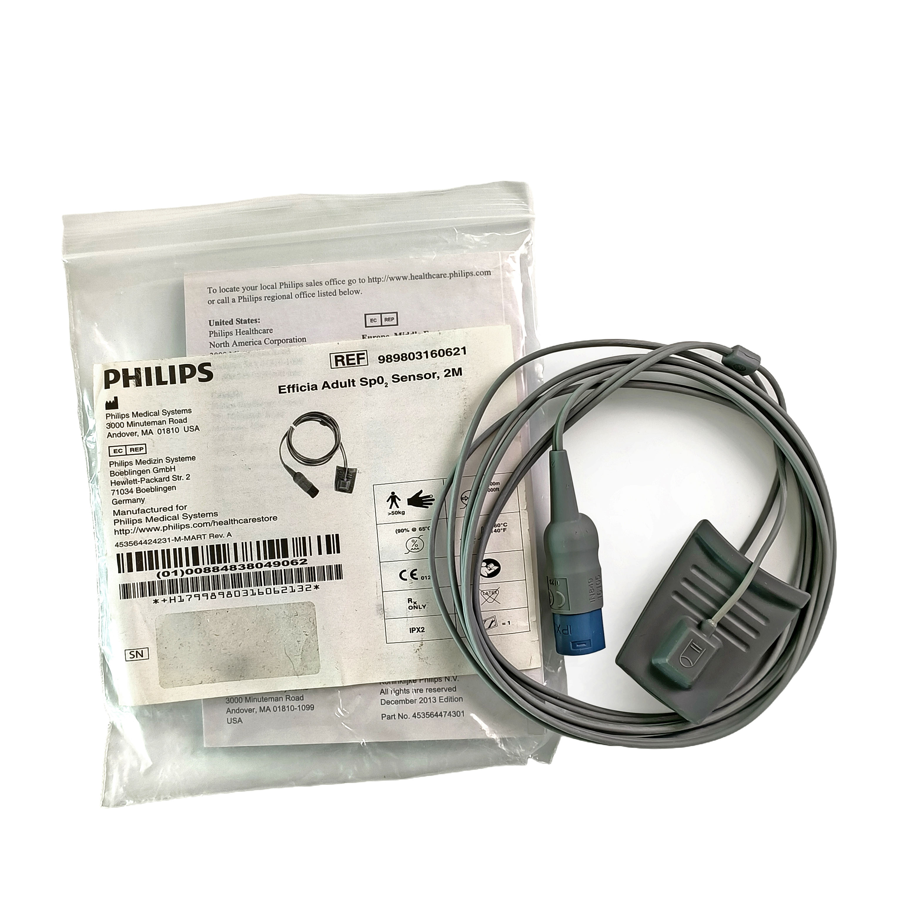 Philips Efficia เซ็นเซอร์ SpO2 สำหรับผู้ใหญ่แบบใช้ซ้ำได้ 2 ม. 8 พิน Ref 989803160621