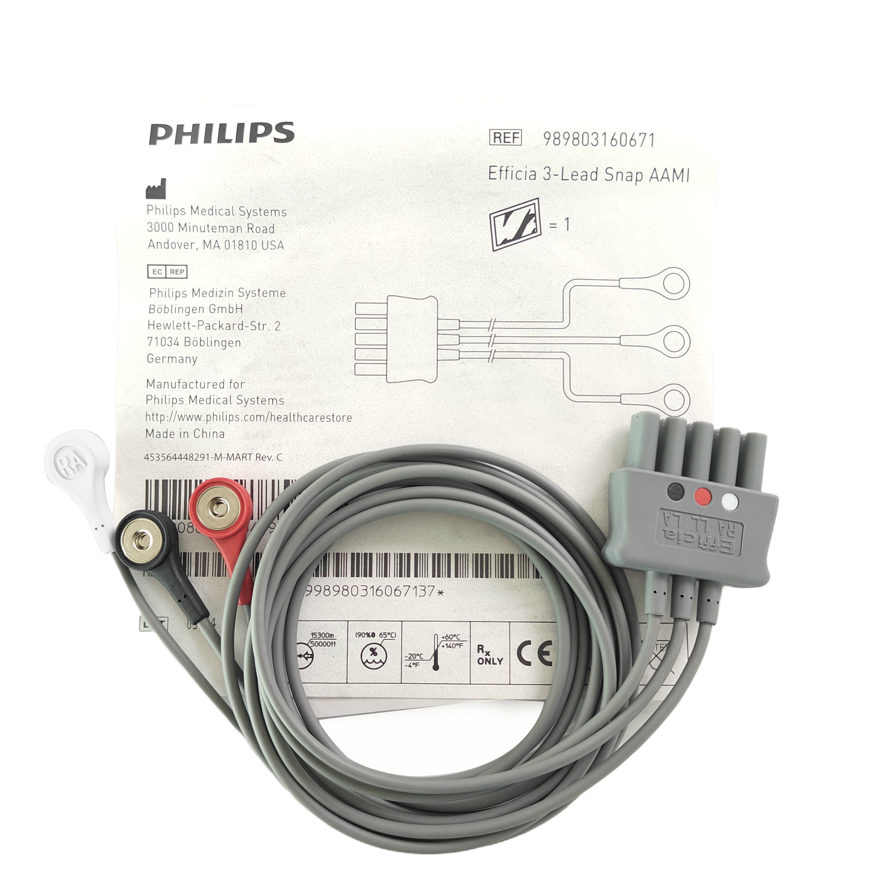 Philips Efficia 3-Lead Snap AAMI Cable ECG EKG reutilizable 989803160671 nuevo Original