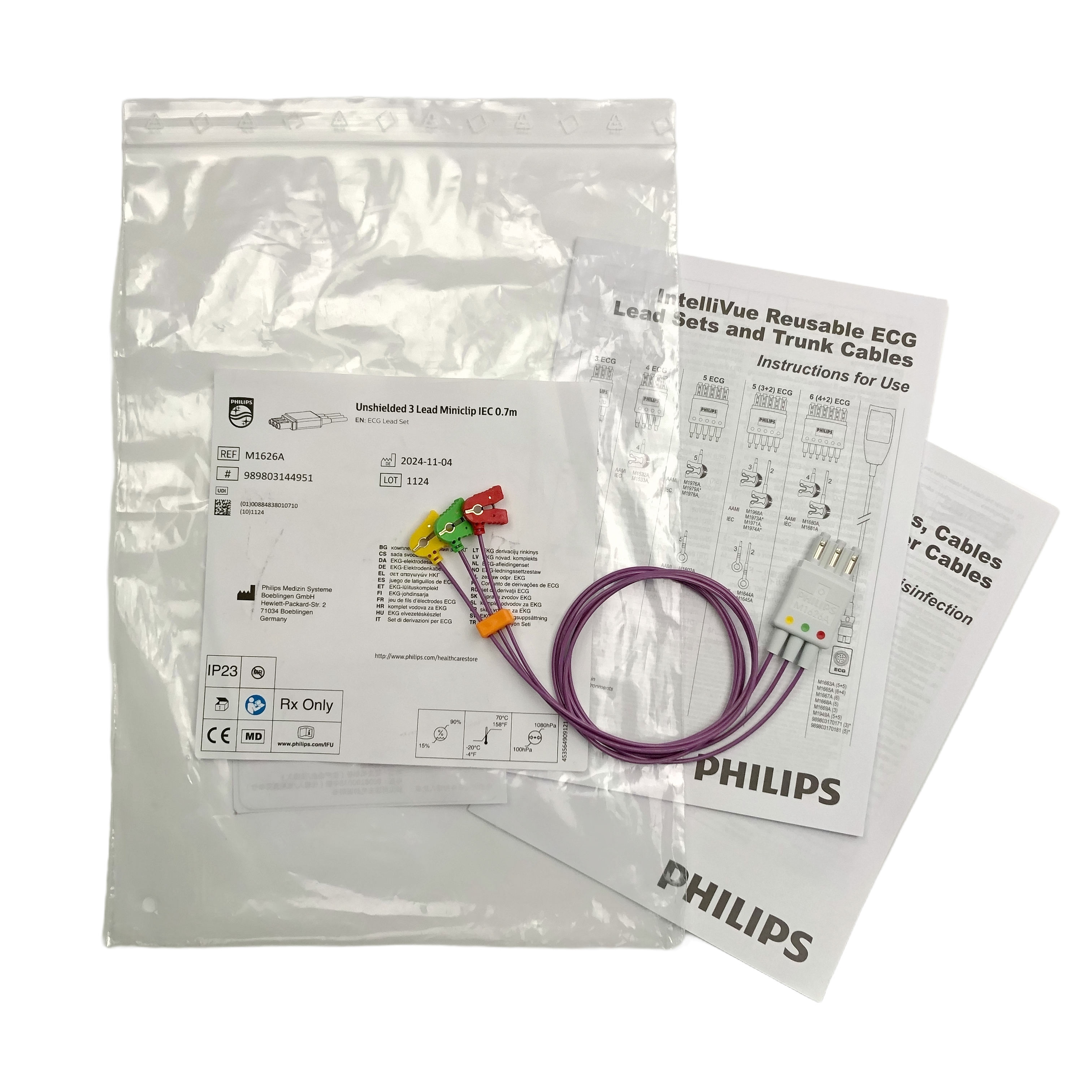 Philips M1626A ECG LeadSet Miniclip de 3 derivaciones sin blindaje IEC 0,7 M 989803144951