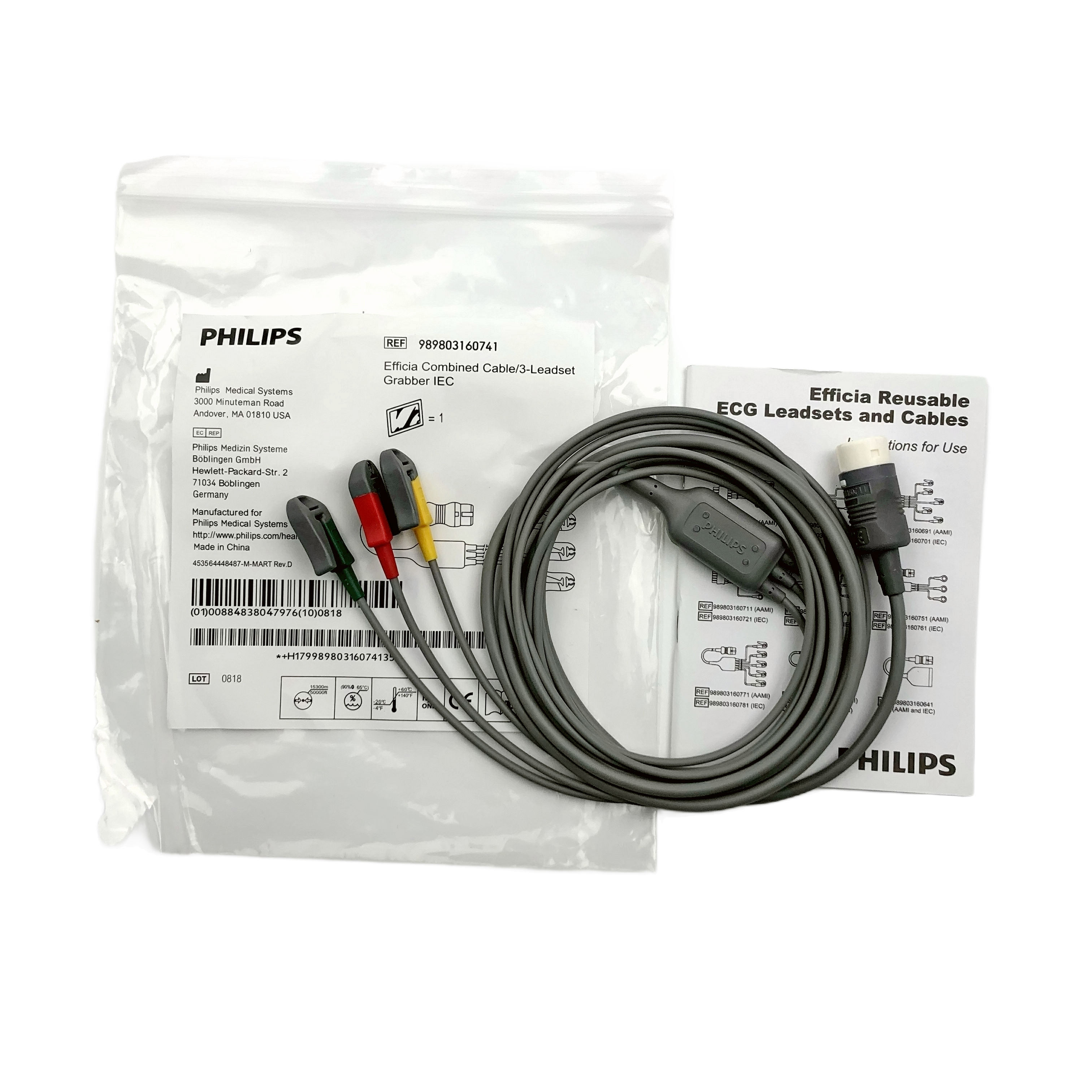 Philips Efficia Reusable Combined ECG Cable 3-Lead Set Grabber IEC 989803160741 New Original