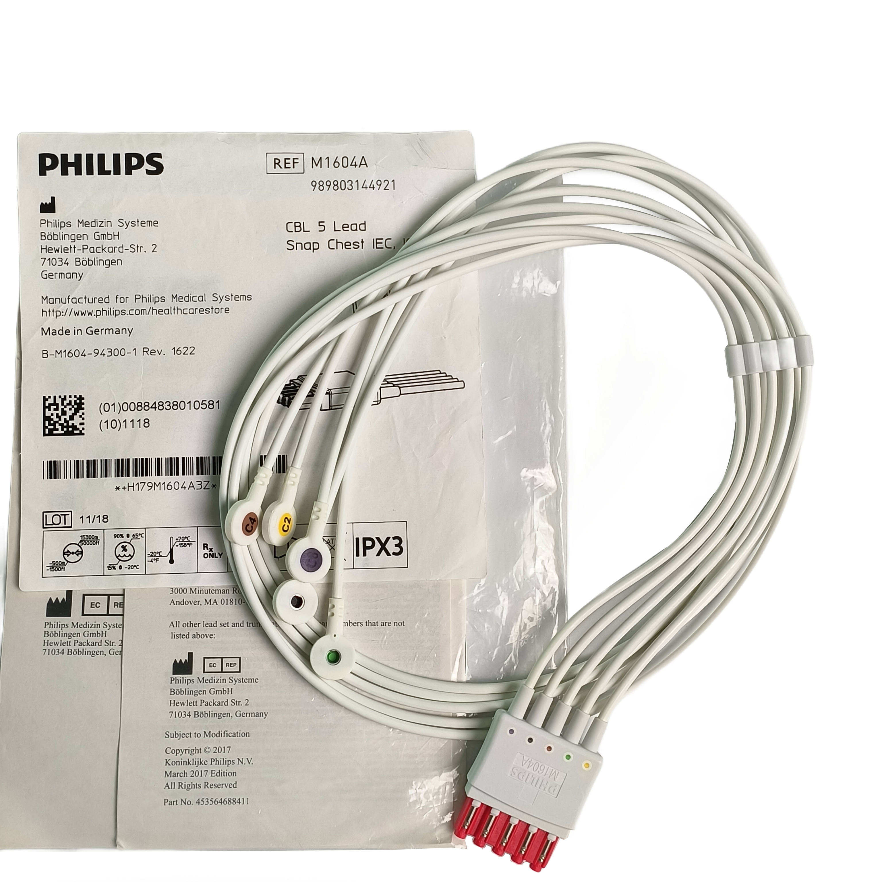 Philips M1604A ECGEKG Cable CBL 5 Lead Snap Chest IEC ICU 989803144921
