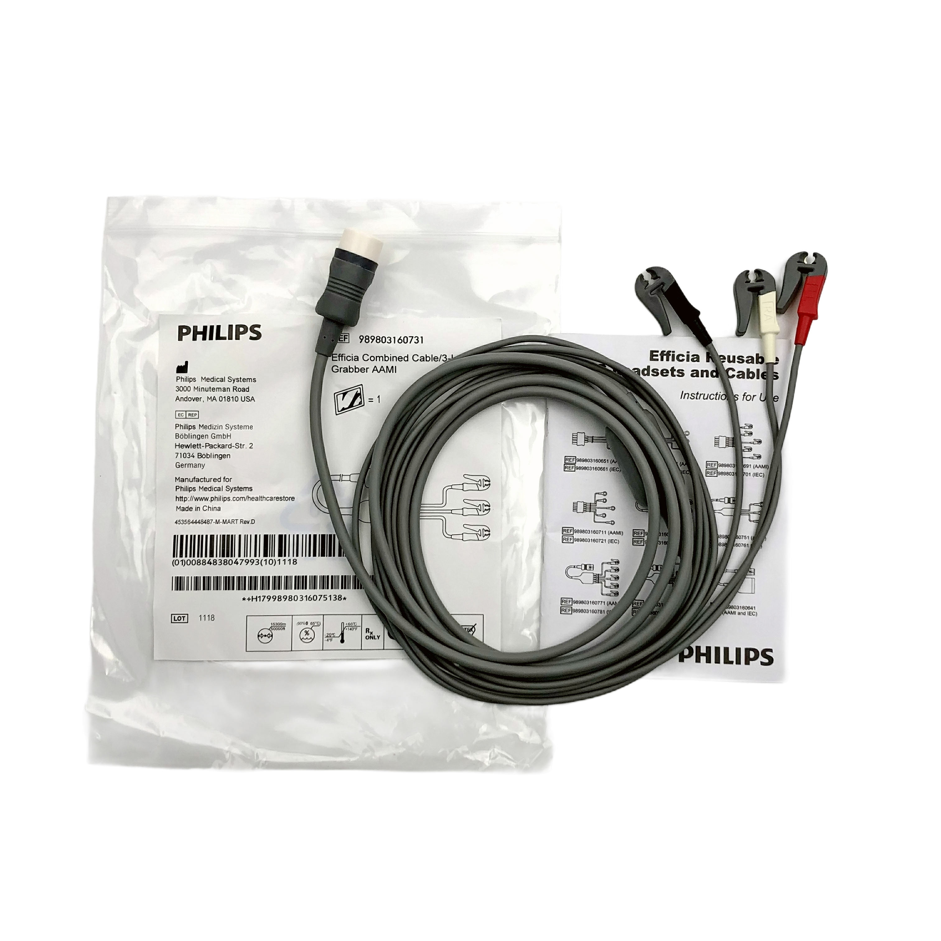 Philips 3 ตะกั่ว ECG Cable คลิปสำหรับผู้ใหญ่ AHA 989803160731 ใหม่ต้นฉบับ