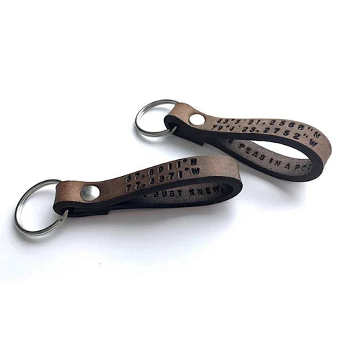 Fathers Day Monogram Engraved Latitude Longitude GPS Key Fob Custom logo Coordinates Key Ring Personalized Leather Keychain