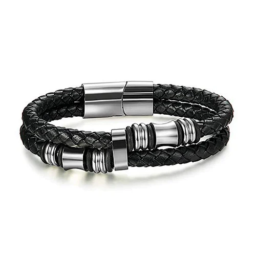 Stainless steel magnetic clasp leather bracelet men's cuff bracelet