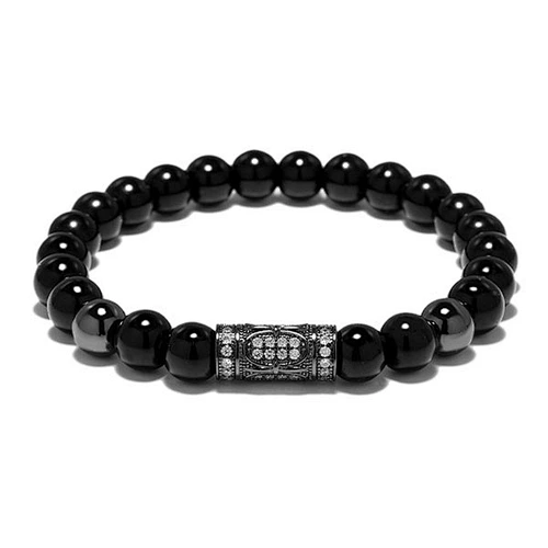 Fashion Jewelry Wholesale Natural Stone Onyx Black Agate Beads Bracelet With Top Grade Zircon Pave Drill Men Bead Bracelet