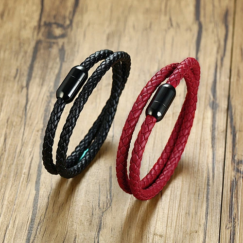 39CM Stainless Steel Black IP Plated Magnet Buckle Double Woven Genuine Leather Clasp Bracelet