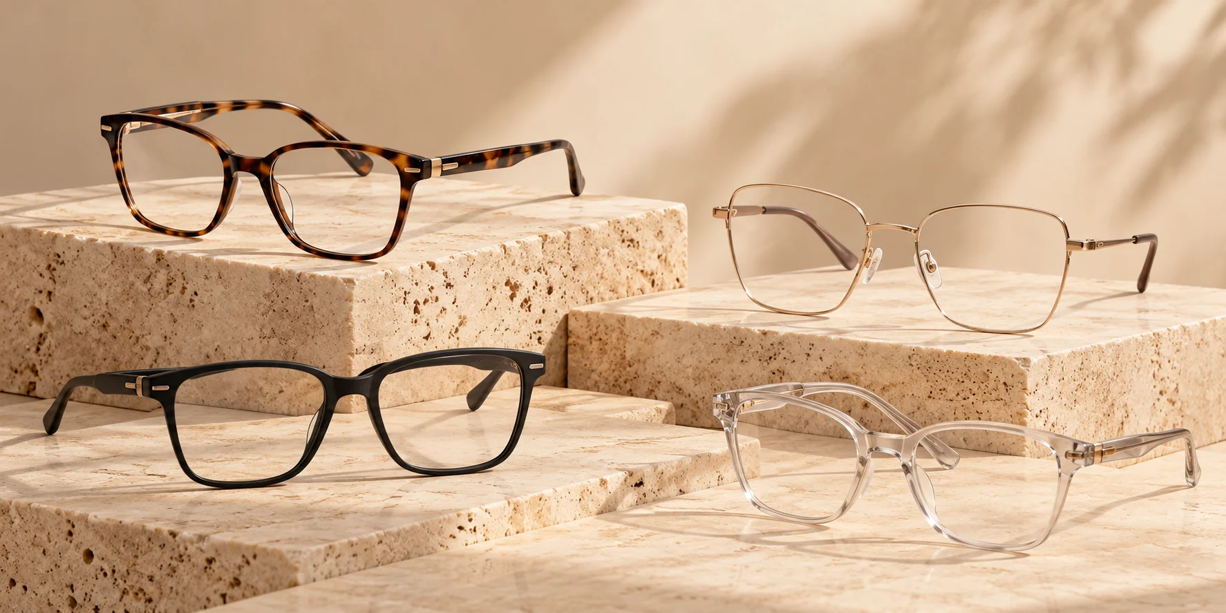 HONKAN wholesale optical eyeglass frames in acetate-style, metal and lightweight frame designs displayed on warm travertine stone