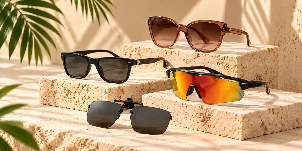 HONKAN women's and men's sunglasses, mirrored sports sunglasses and clip-on sun lenses displayed on travertine stone