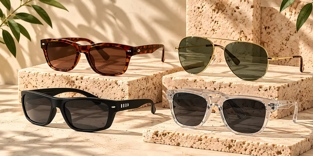 HONKAN wholesale sunglasses display featuring tortoiseshell, gold metal, black and transparent frame designs
