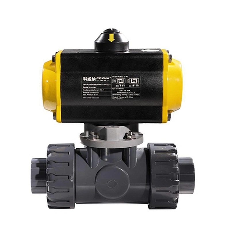 COVNA HK57-T 3 Way  Double acting Type double union UPVC Plastic Pneumatic Actuated Ball Valve