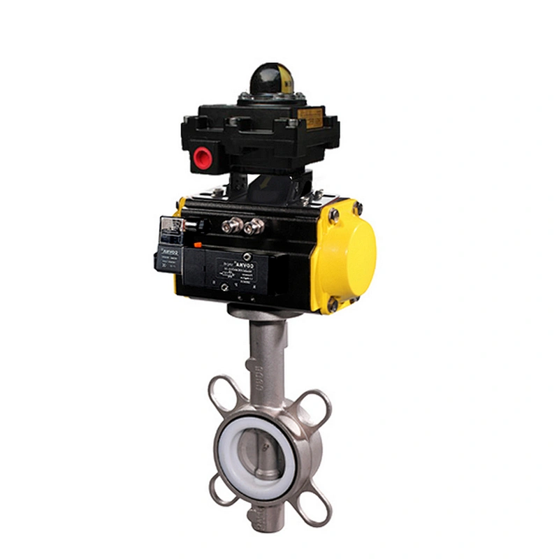 COVNA DN200 8 inch PTFE Lined Wafer Type Stainless Steel Pneumatic Actuated Butterfly Valve with Limit Switch