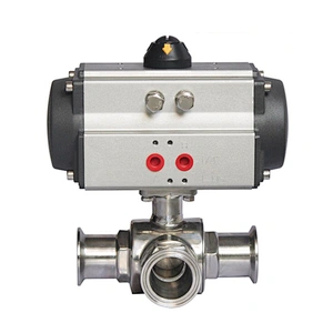 COVNA 1 inch 3 Way Tri Clamp Sanitary 304 Stainless Steel Pneumatic Actuated Food Grade Ball Valve