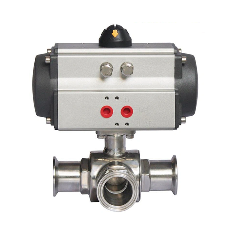 COVNA 1 inch 3 Way Tri Clamp Sanitary 304 Stainless Steel Pneumatic Actuated Food Grade Ball Valve