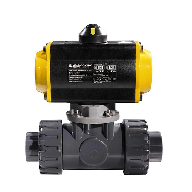 Anti Corrosion 3 Way Plastic PVC Double Union Pneumatic Control Ball Valve