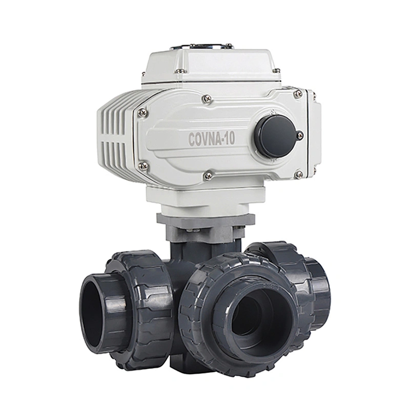 COVNA DN40 1.5 inch Three Way L Port 24V AC Modulating Electric Actuator PVC Plastic True Union Ball Valve