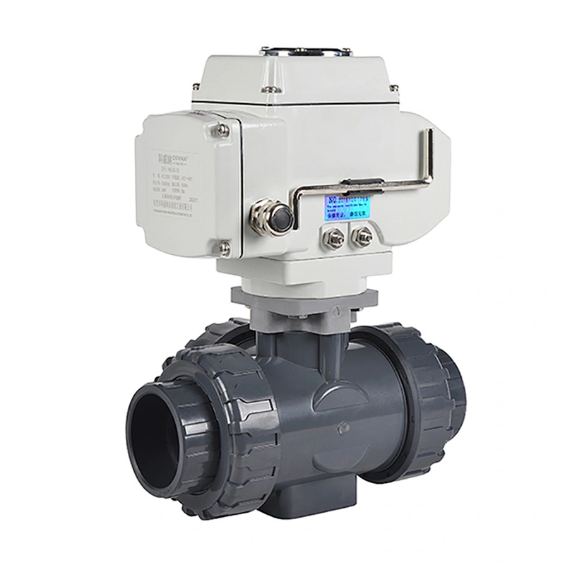 COVNA DN40 1.5 inch Three Way L Port 24V AC Modulating Electric Actuator PVC Plastic True Union Ball Valve