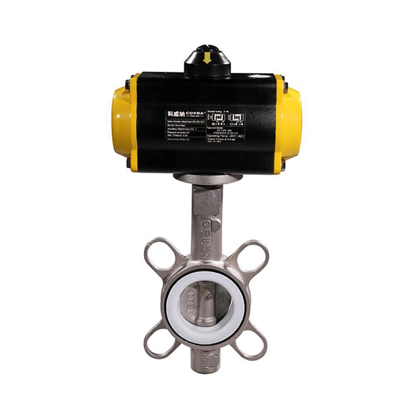 COVNA DN50 2 inch PN16 PTFE Lined Wafer Type Stainless Steel Pneumatic Actuated Butterfly Valve