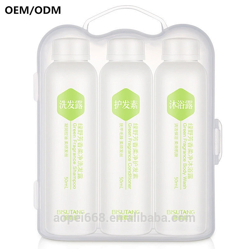 Customized perfumed body care travel set with 3 pcs silky conditioner for hair o 1 pchair care shampoo1pc shower gel 1 pc