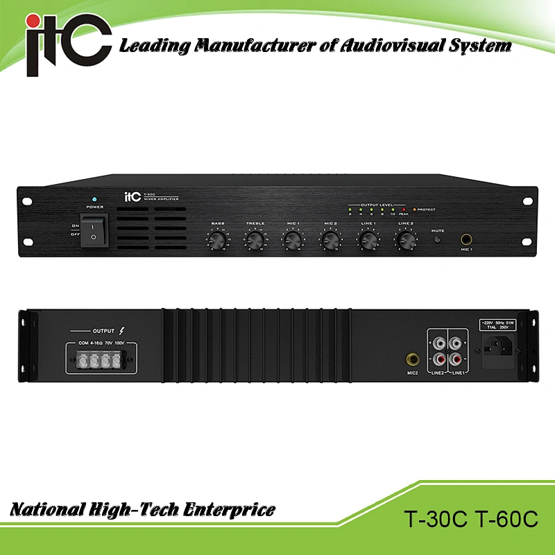 ITC T-30C Series Economical 30W 60W Support 2 Line and 2 Mic Input PA System Integrated Amplifier