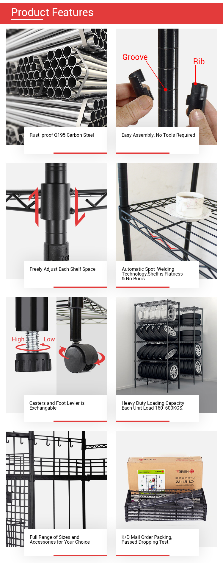 característica do produto de rack.