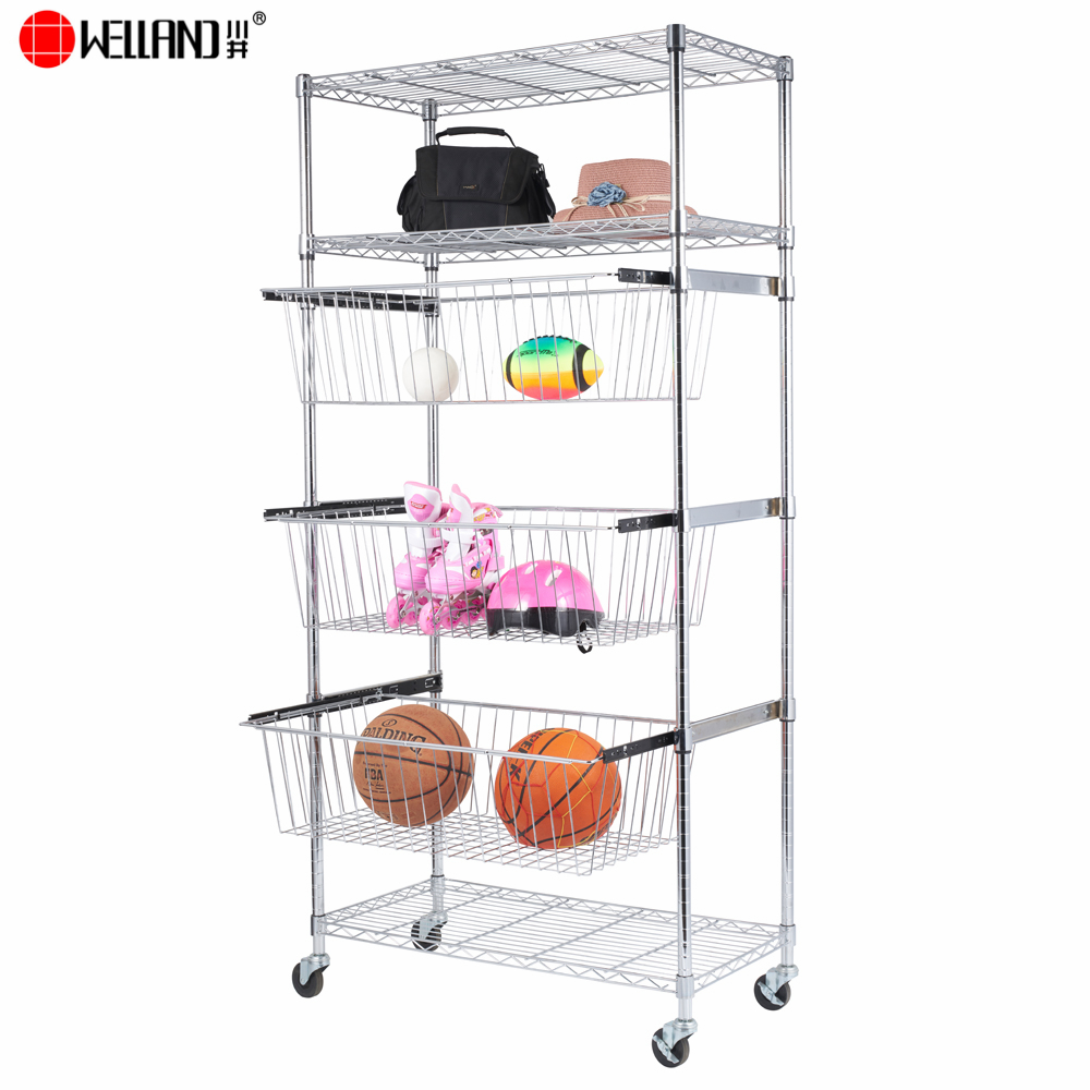 chrome wire cart shelving with slide basket